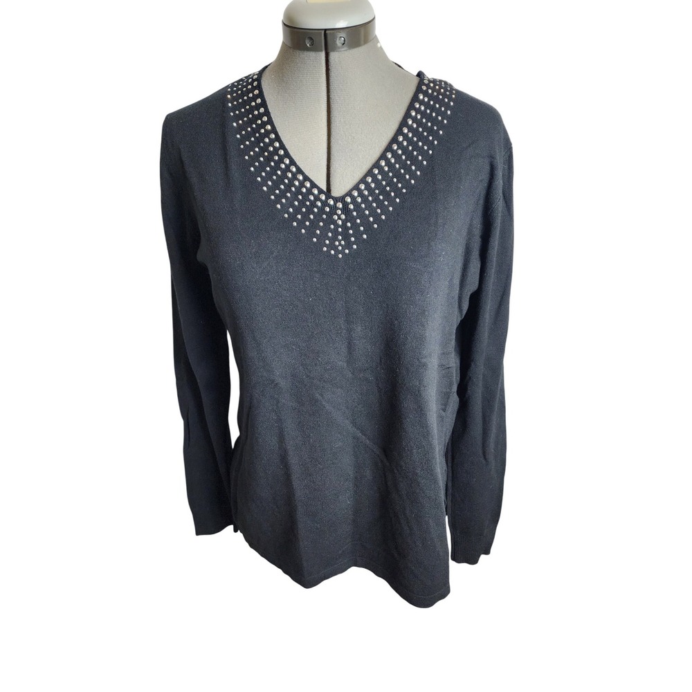 Vila Milano Womens‎ Black Studded V-Neck Wool Blend Sweater Large